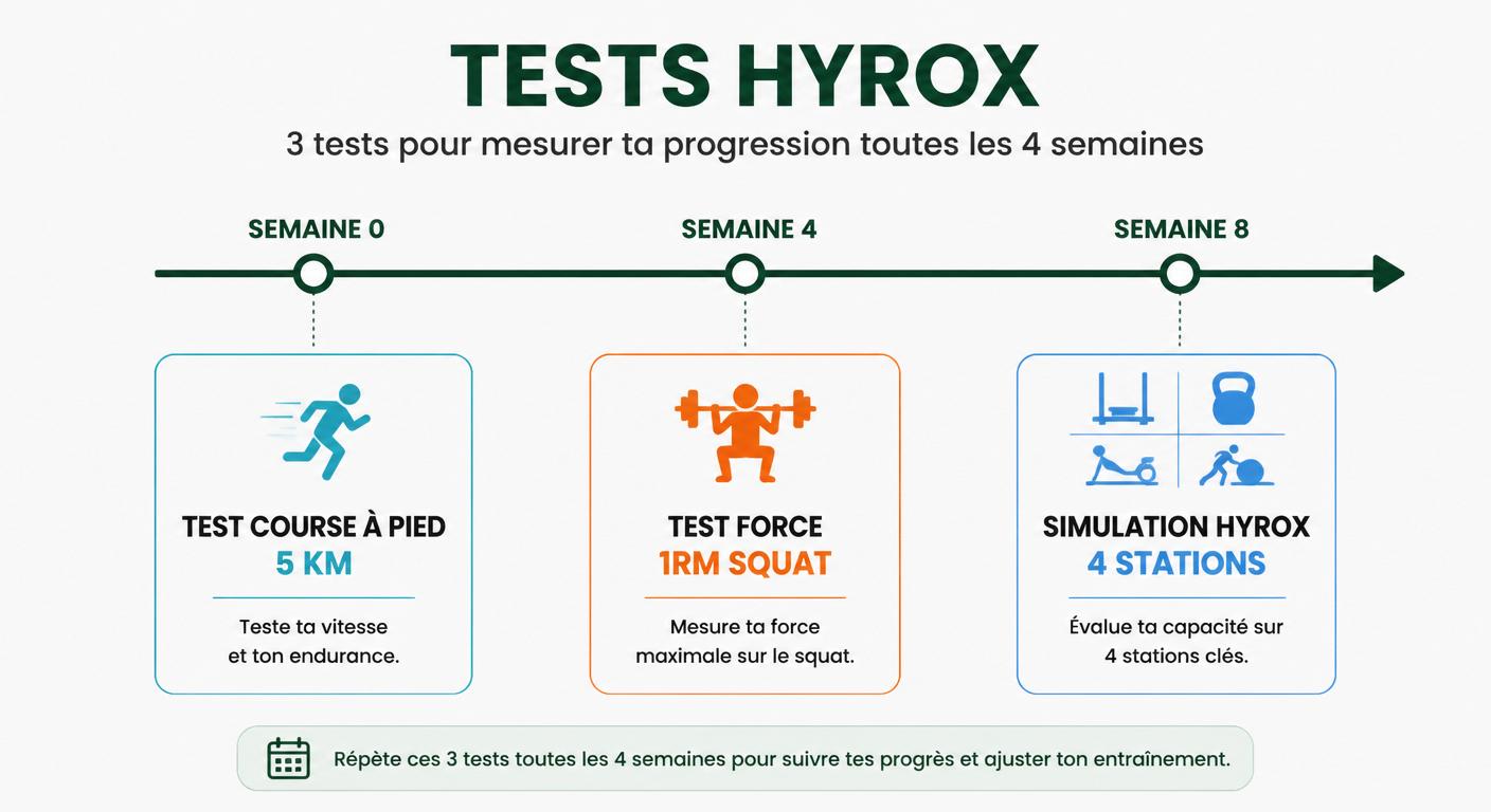 Infographie des trois tests de progression Hyrox à programmer toutes les quatre semaines