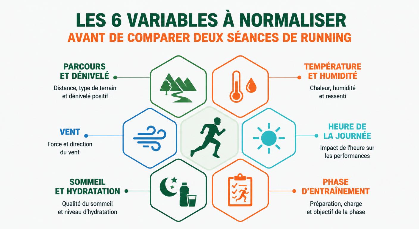 Infographie des 6 conditions à normaliser pour comparer deux séances de running