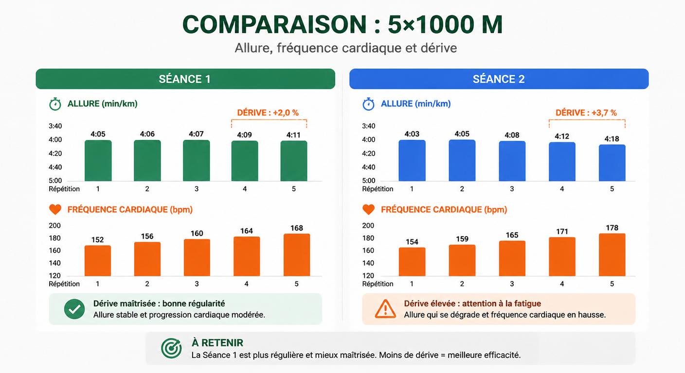 Infographie comparant deux séances de fractionné 5×1000 m avec allure et fréquence cardiaque par répétition