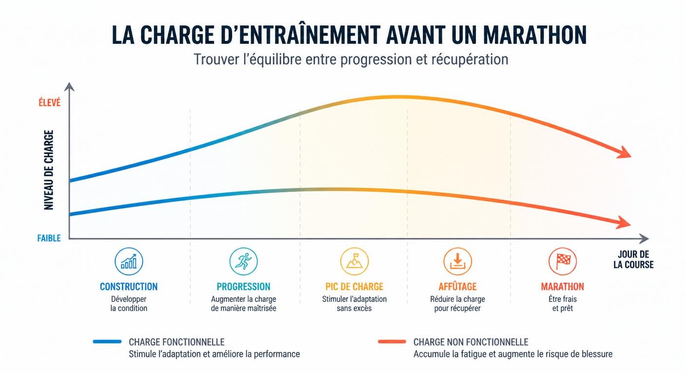 Infographie comparant surcharge fonctionnelle et surcharge non fonctionnelle avant un marathon