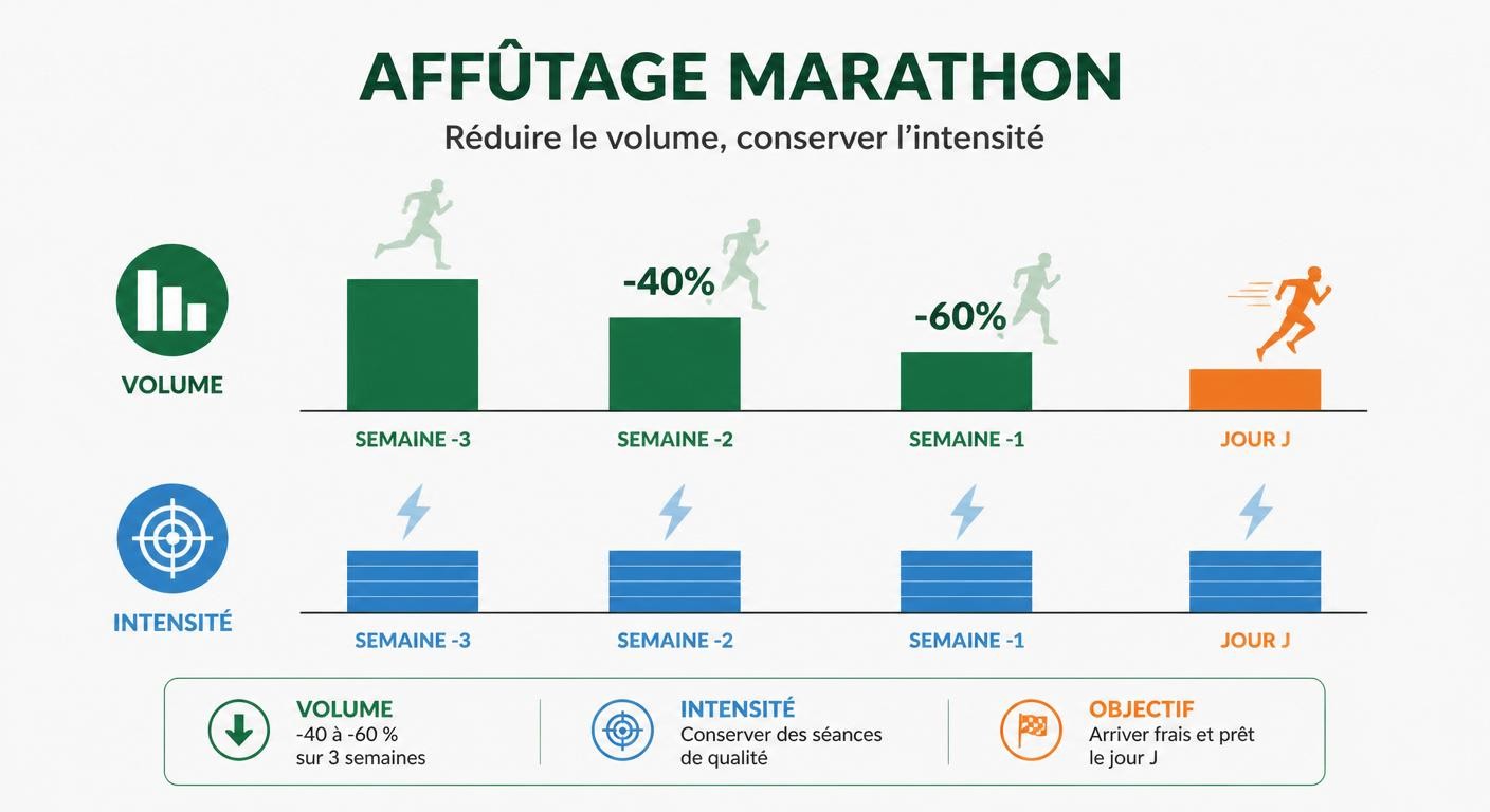 Infographie de l'affûtage marathon montrant la baisse du volume et le maintien de l'intensité sur trois semaines