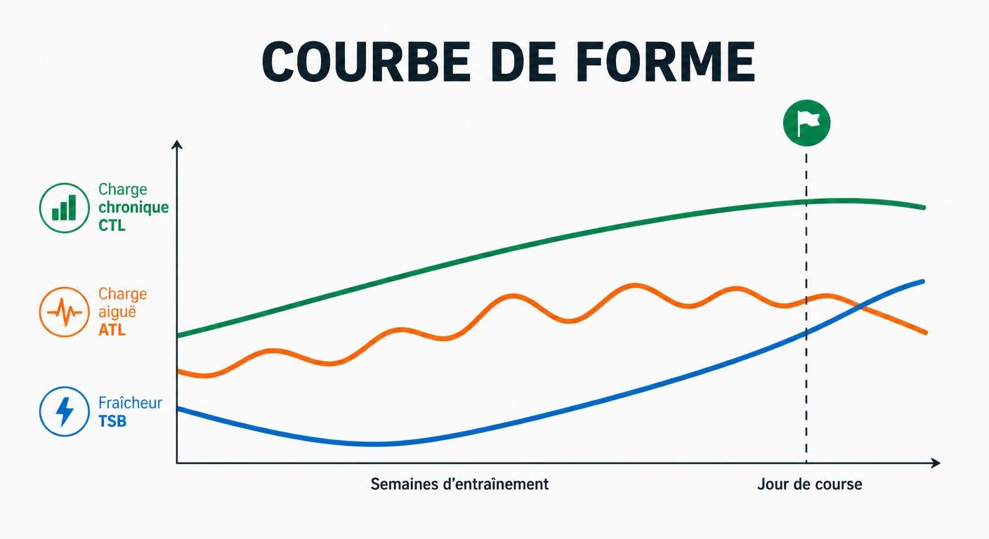 Infographie de la courbe de forme avec CTL, ATL et TSB devenant positif avant le jour de course