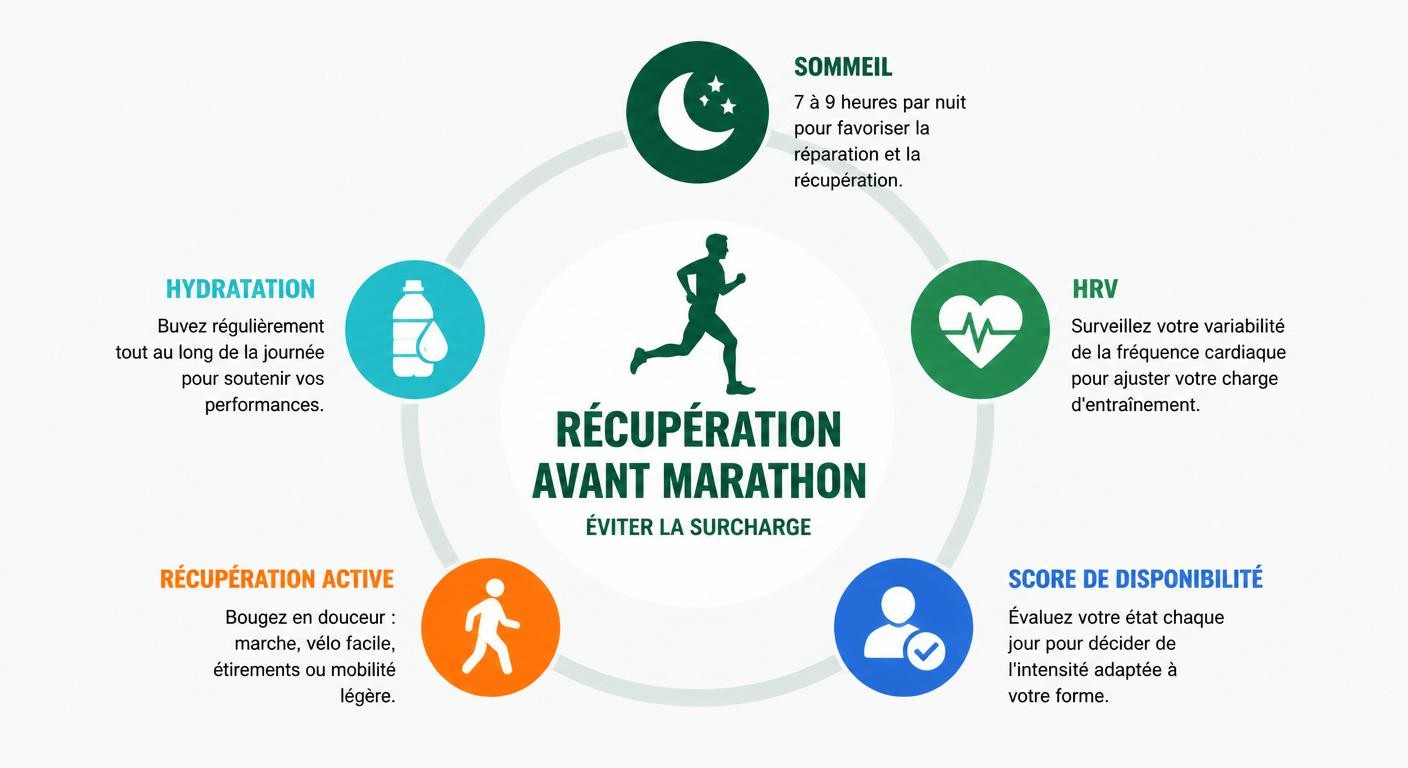 Infographie des leviers de récupération pour prévenir la surcharge avant un marathon
