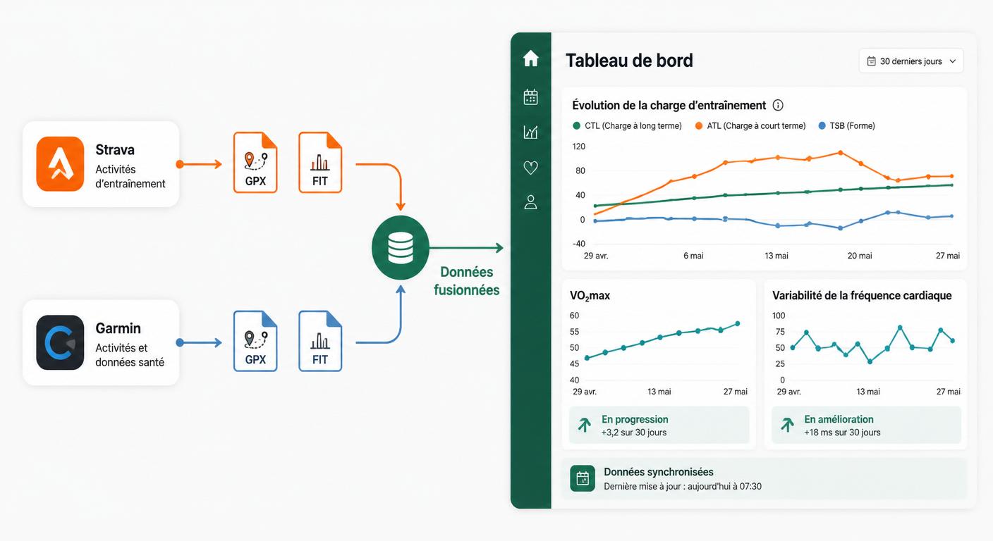 Infographie du pipeline de données reliant Strava et Garmin à un tableau de bord d'entraînement unifié