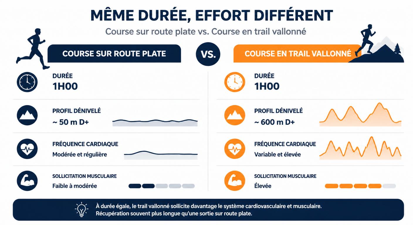 Infographie comparant la charge d'une sortie route plate et d'une sortie trail vallonnée à durée égale
