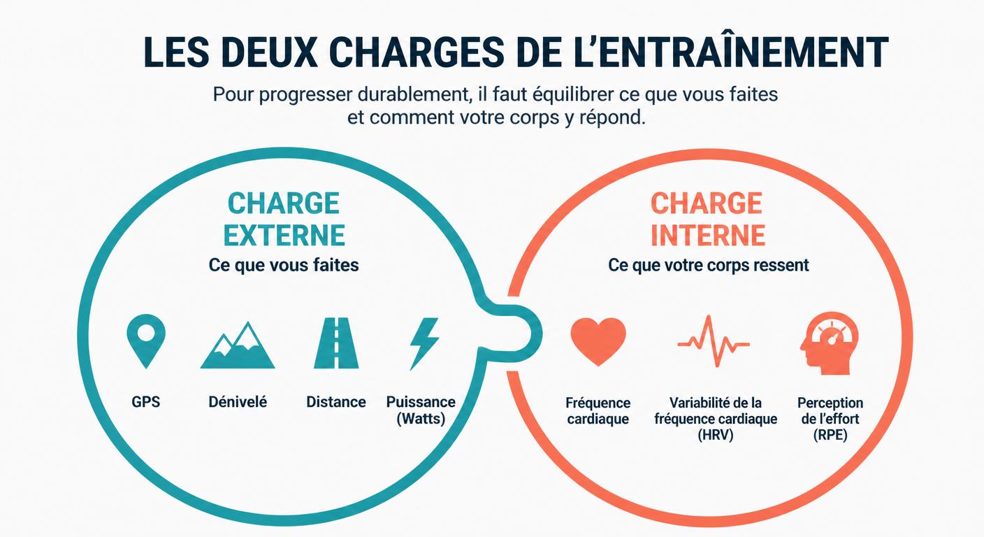 Infographie illustrant la différence entre charge externe et charge interne pour une séance de trail