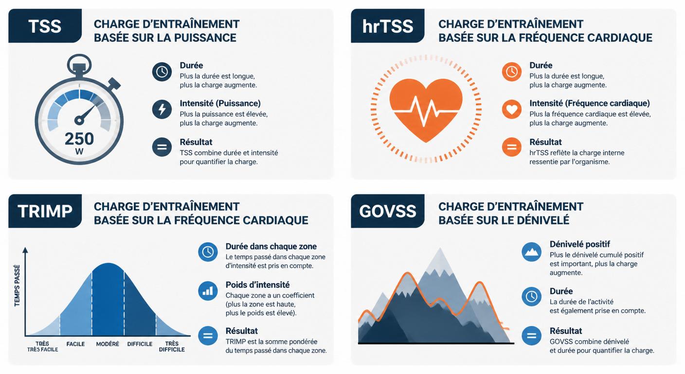 Infographie présentant les quatre méthodes pour quantifier la charge d'une séance de trail