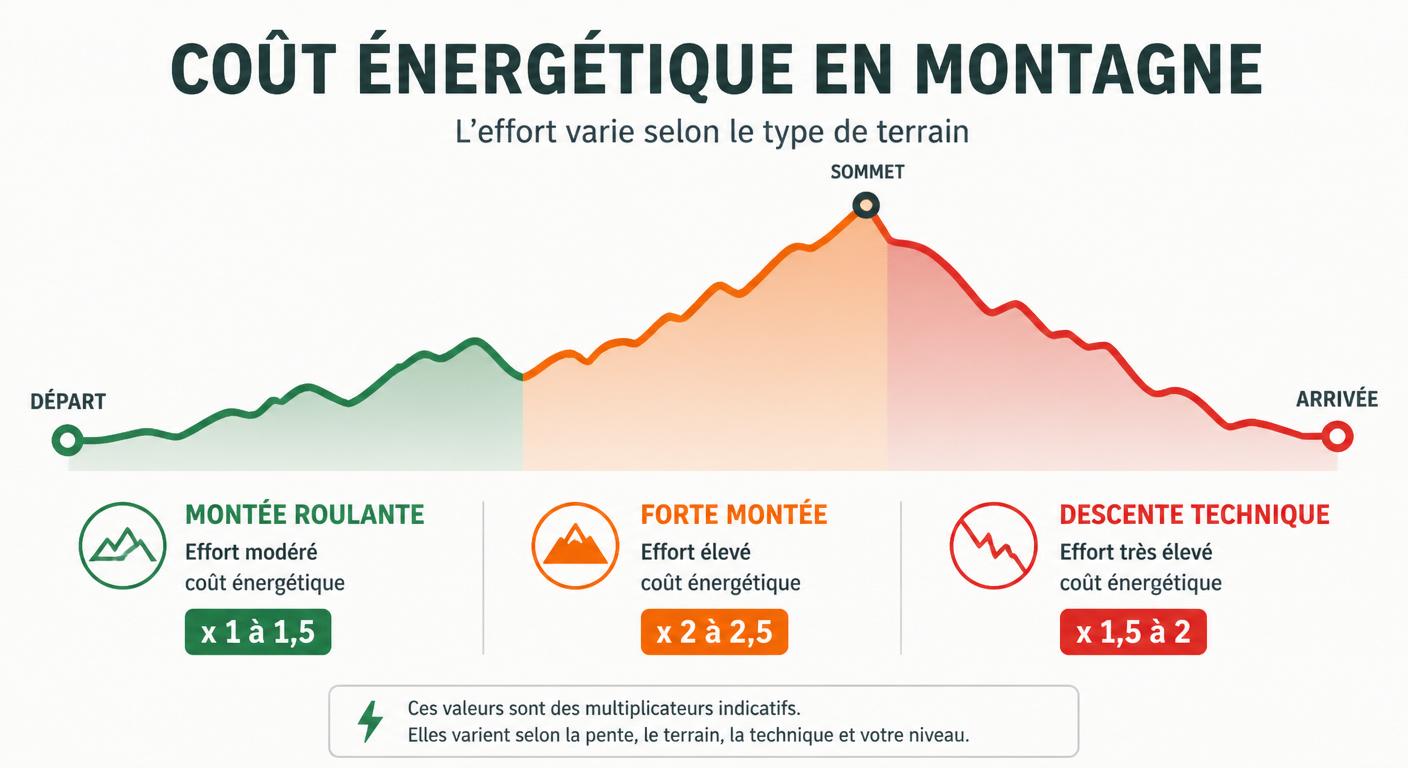Infographie montrant les coefficients énergétiques selon le type de pente en trail