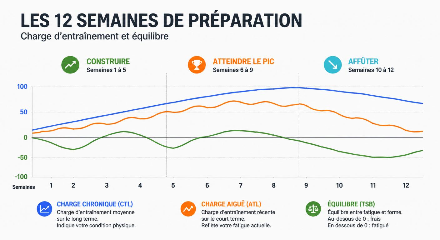 Infographie montrant l'évolution typique de CTL, ATL et TSB sur 12 semaines de préparation trail