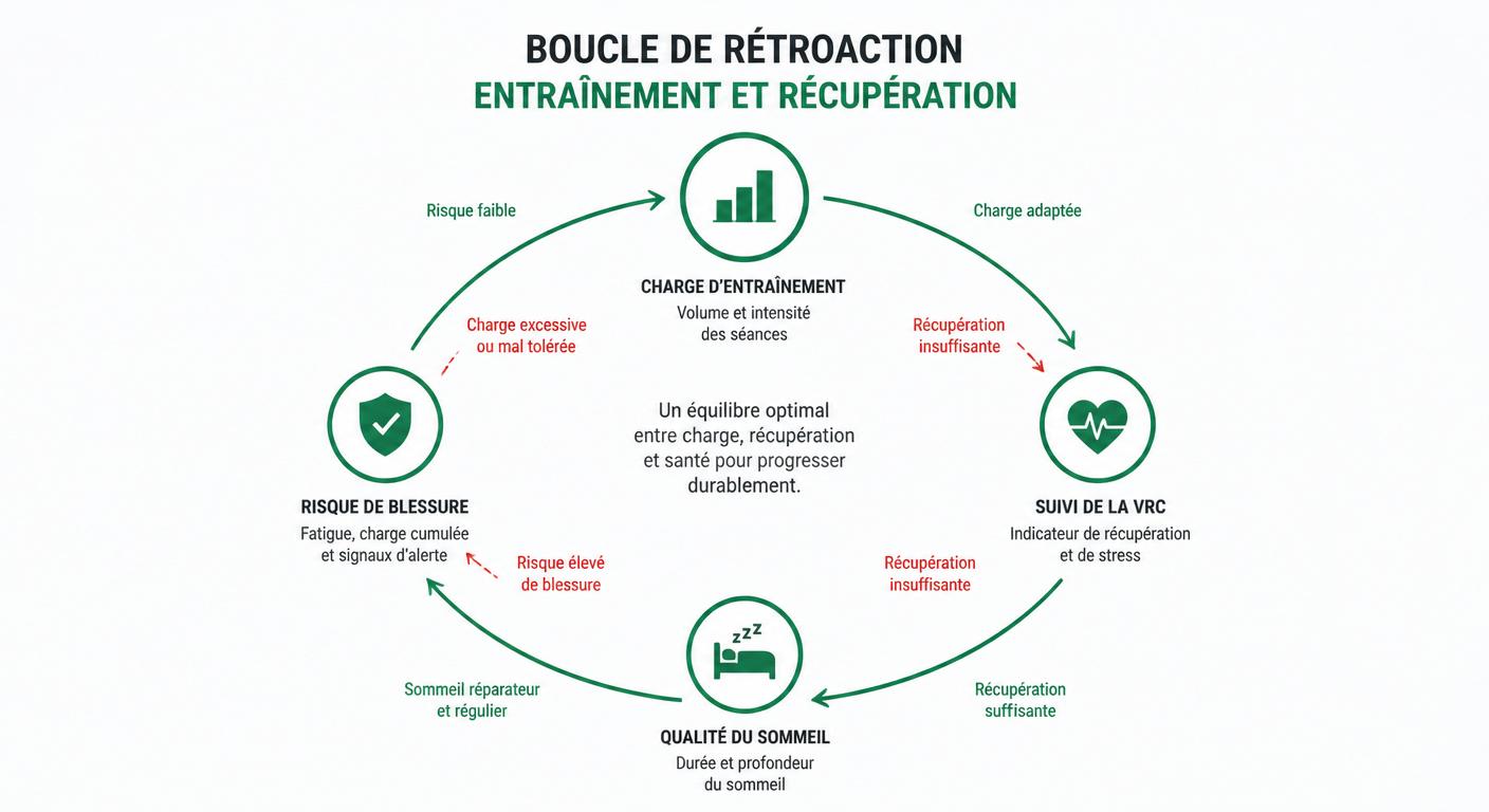 Infographie illustrant la boucle entre charge d'entraînement, HRV, sommeil et risque de blessure