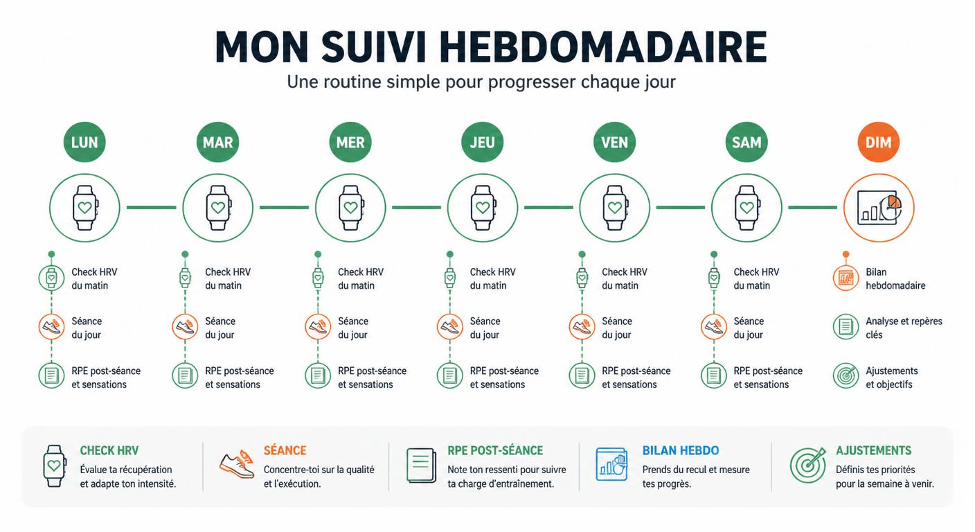 Infographie présentant un workflow hebdomadaire de suivi de charge en trail running