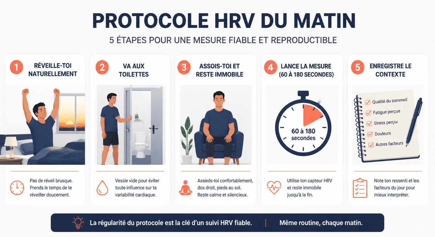 Infographie présentant le protocole de mesure HRV matinale en 5 étapes pour coureur