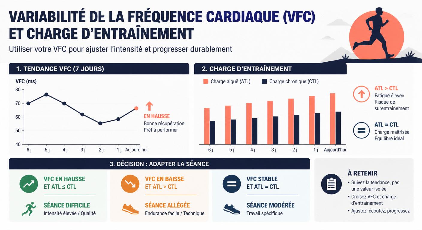 Infographie illustrant la lecture de la HRV en lien avec la charge d'entraînement en course à pied