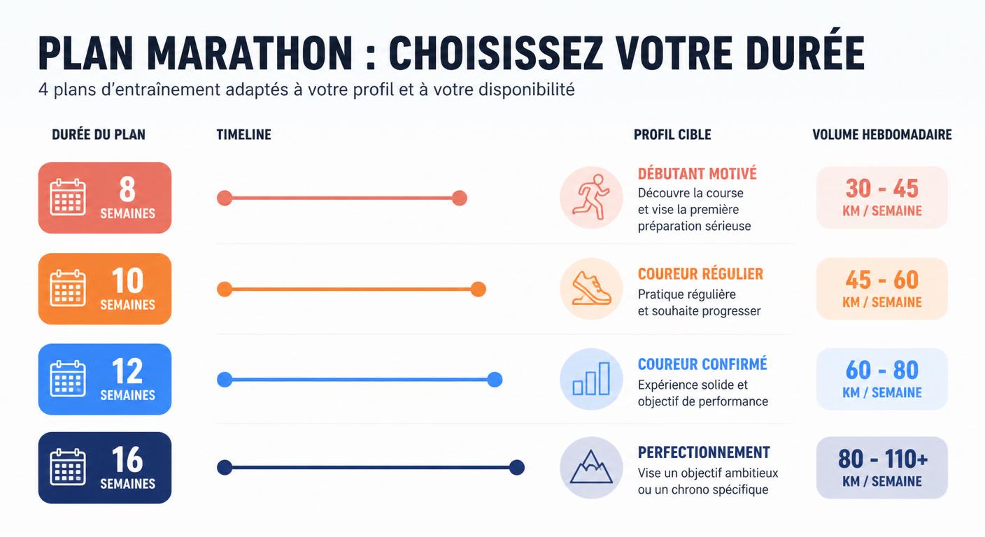 Infographie comparatif des durées de plan d'entraînement marathon
