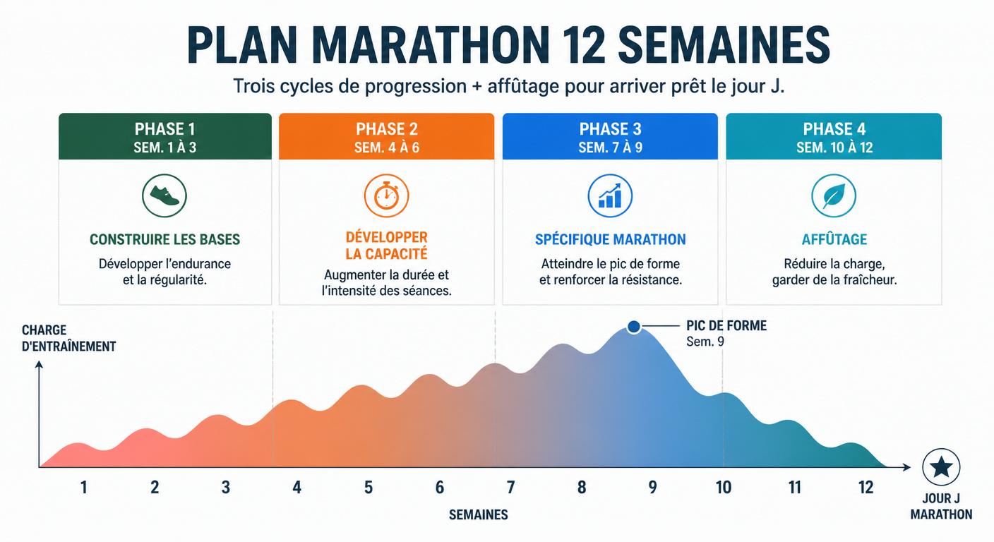Infographie de la structure d'un plan marathon sur 12 semaines en 4 cycles