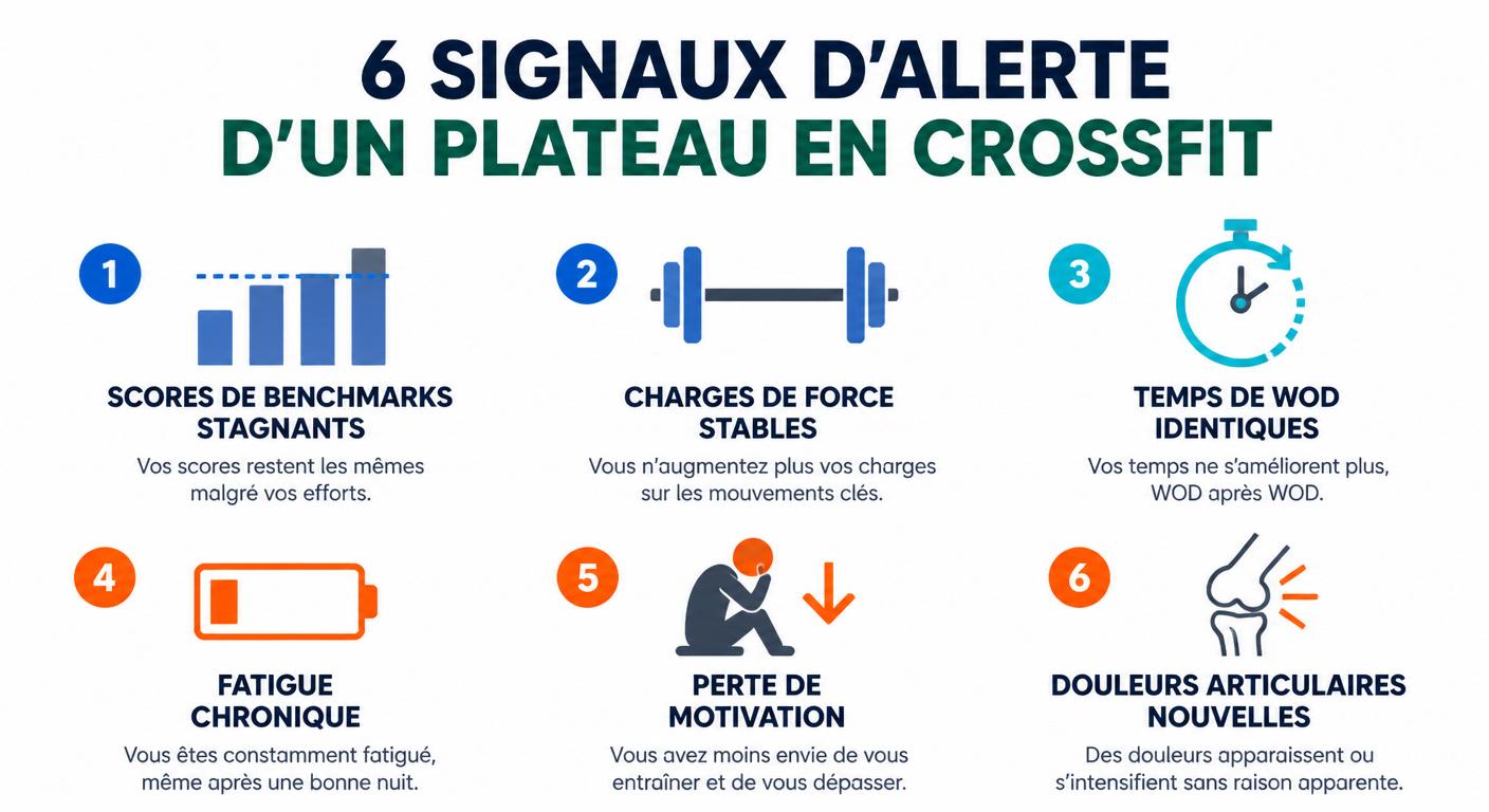 Infographie des 6 signaux d'alerte d'un plateau en CrossFit