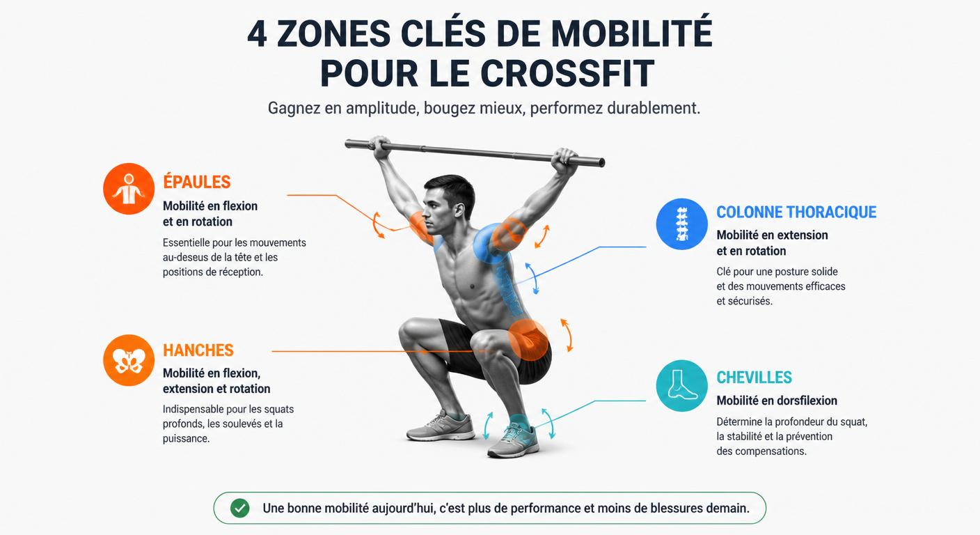 Infographie des 4 zones critiques de mobilité pour progresser en CrossFit