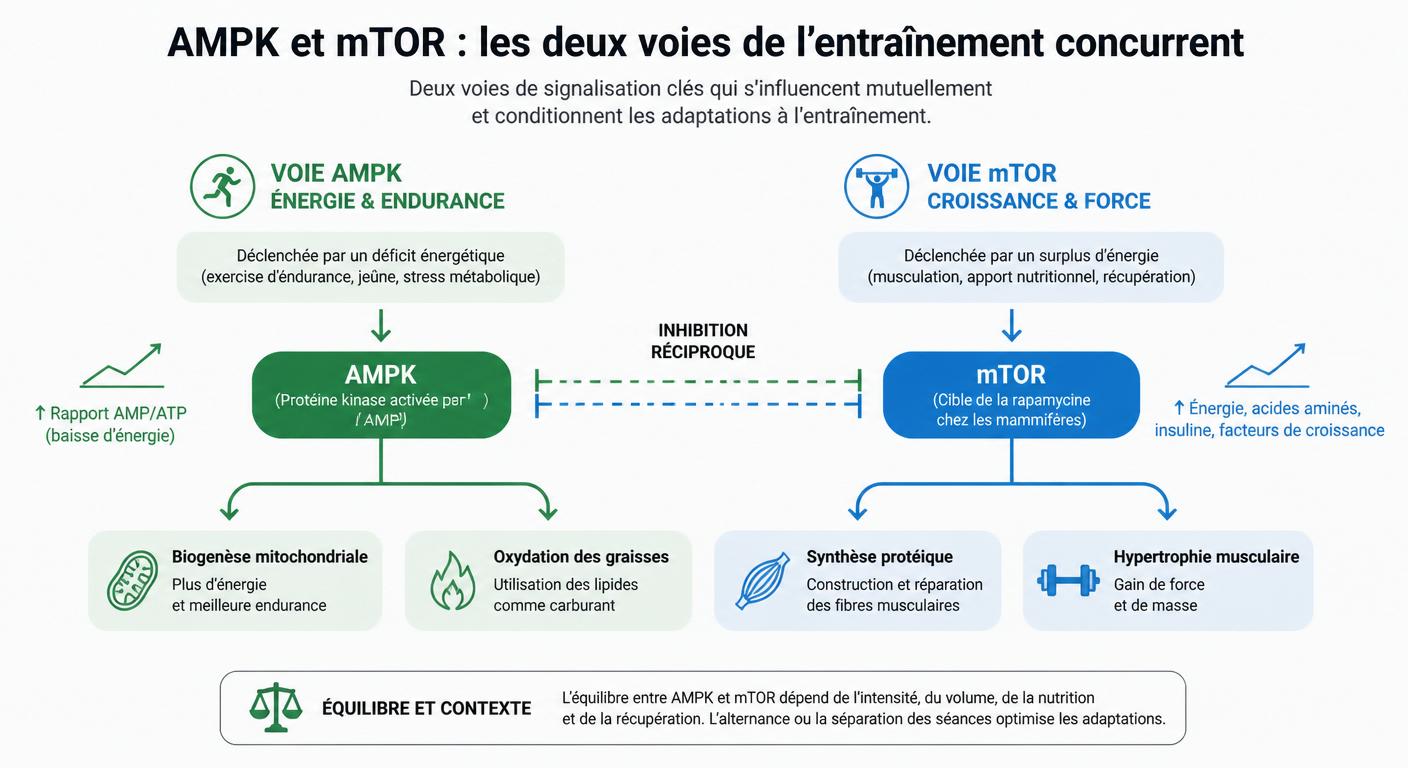 Schéma des voies moléculaires AMPK et mTOR dans l'entraînement concurrent