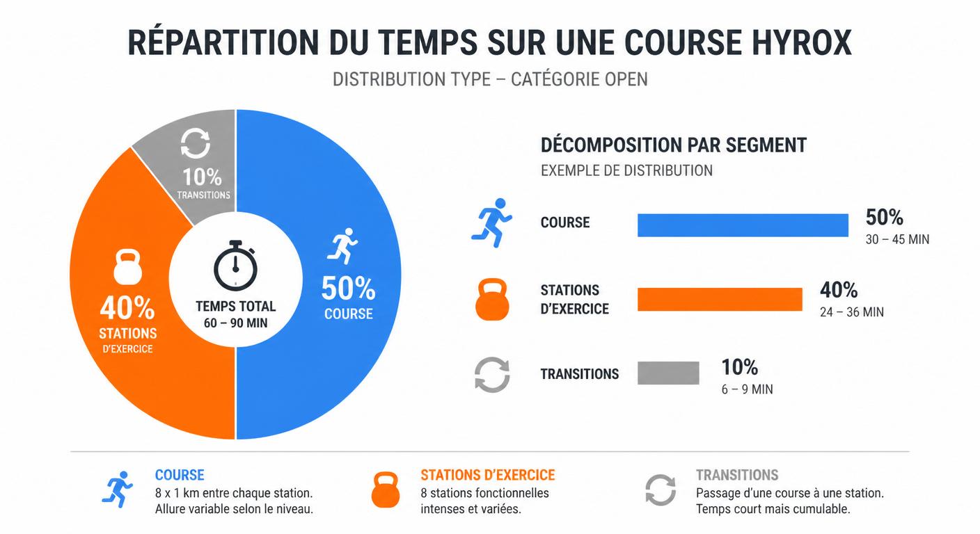 Infographie du découpage du temps Hyrox entre course, stations et transitions
