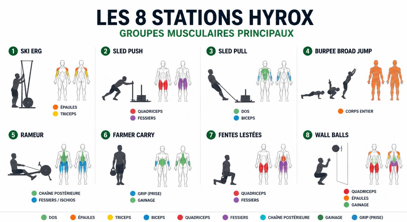 Infographie des 8 stations Hyrox avec les groupes musculaires principaux sollicités