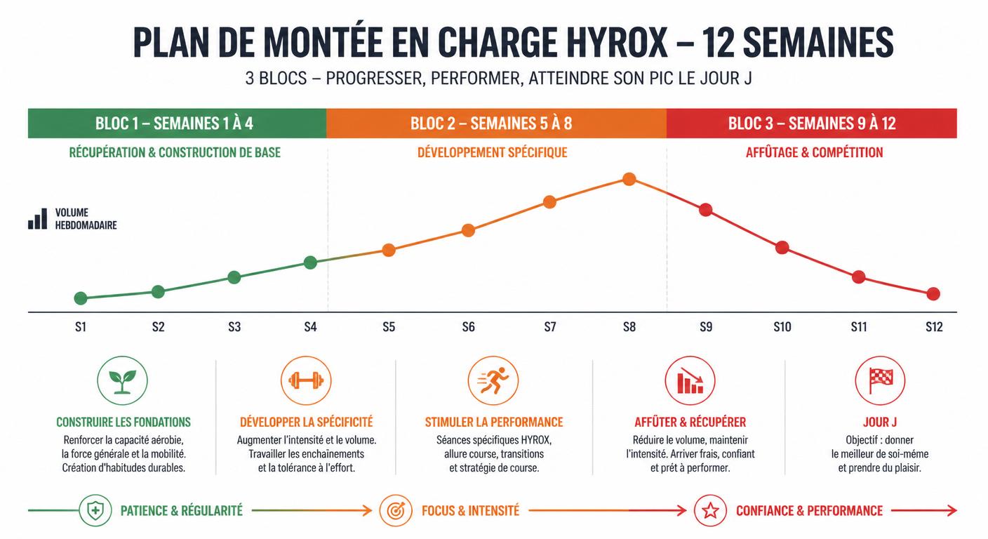 Infographie du plan de montée en charge Hyrox en 12 semaines avec trois blocs de périodisation