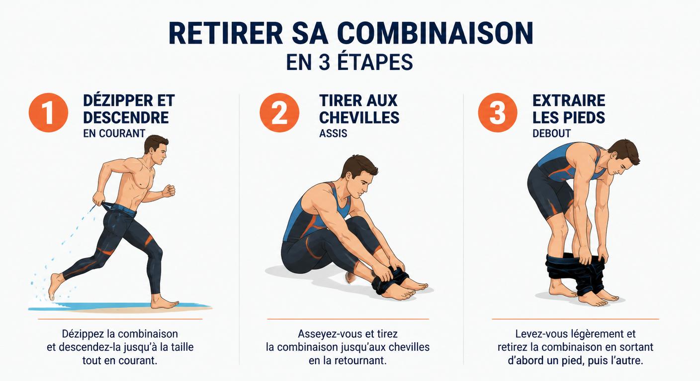 Infographie en trois étapes du retrait de combinaison néoprène pendant la T1