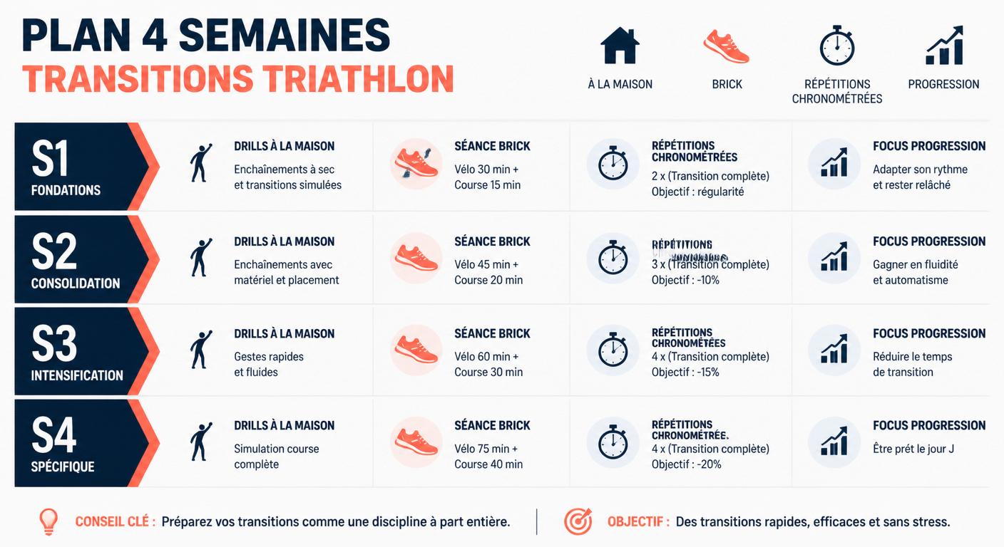Infographie d'un plan progressif de 4 semaines pour entraîner les transitions triathlon