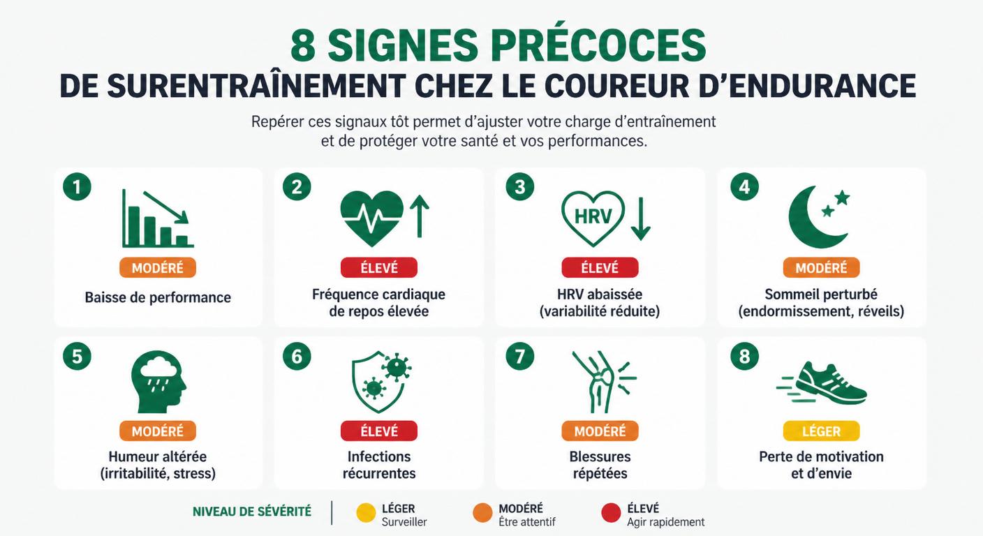 Infographie des 8 signes précoces du surentraînement en course à pied