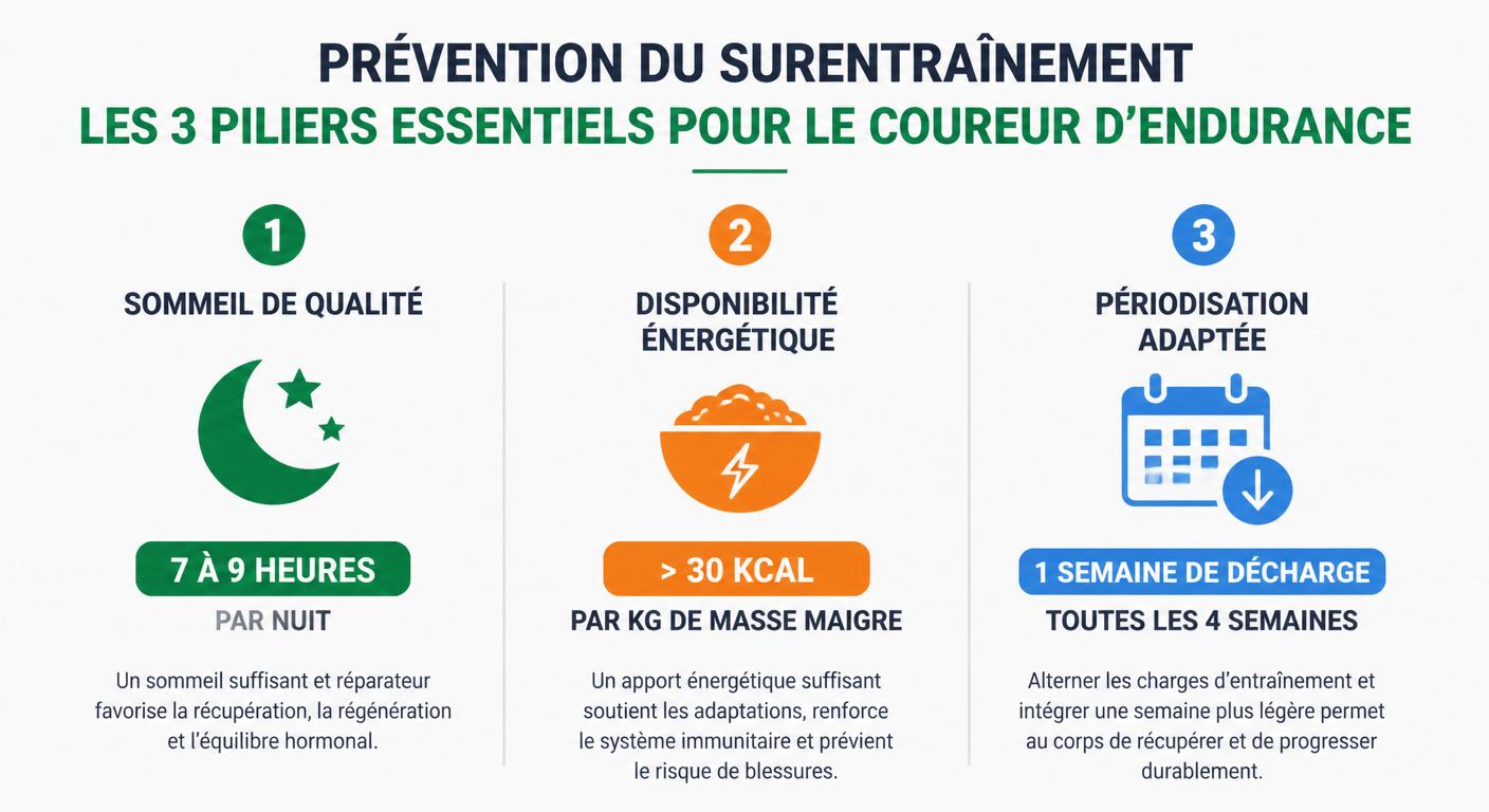 Infographie des trois piliers de prévention du surentraînement en endurance