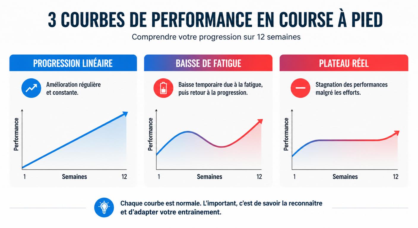 Infographie comparant progression linéaire, fatigue passagère et plateau durable en course à pied sur 12 semaines