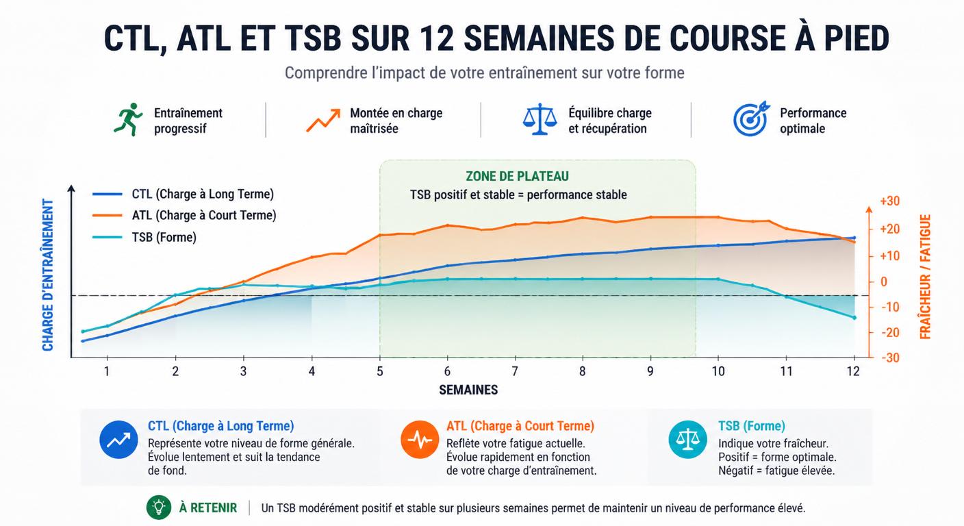 Infographie des courbes CTL, ATL et TSB sur 12 semaines avec mise en évidence de la zone de plateau de performance