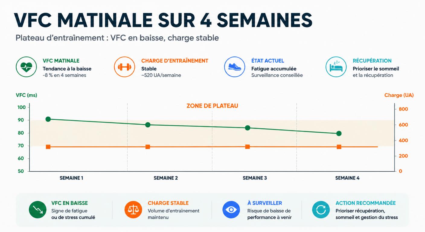 Infographie de la tendance HRV matinale sur quatre semaines associée à un plateau de performance en course à pied