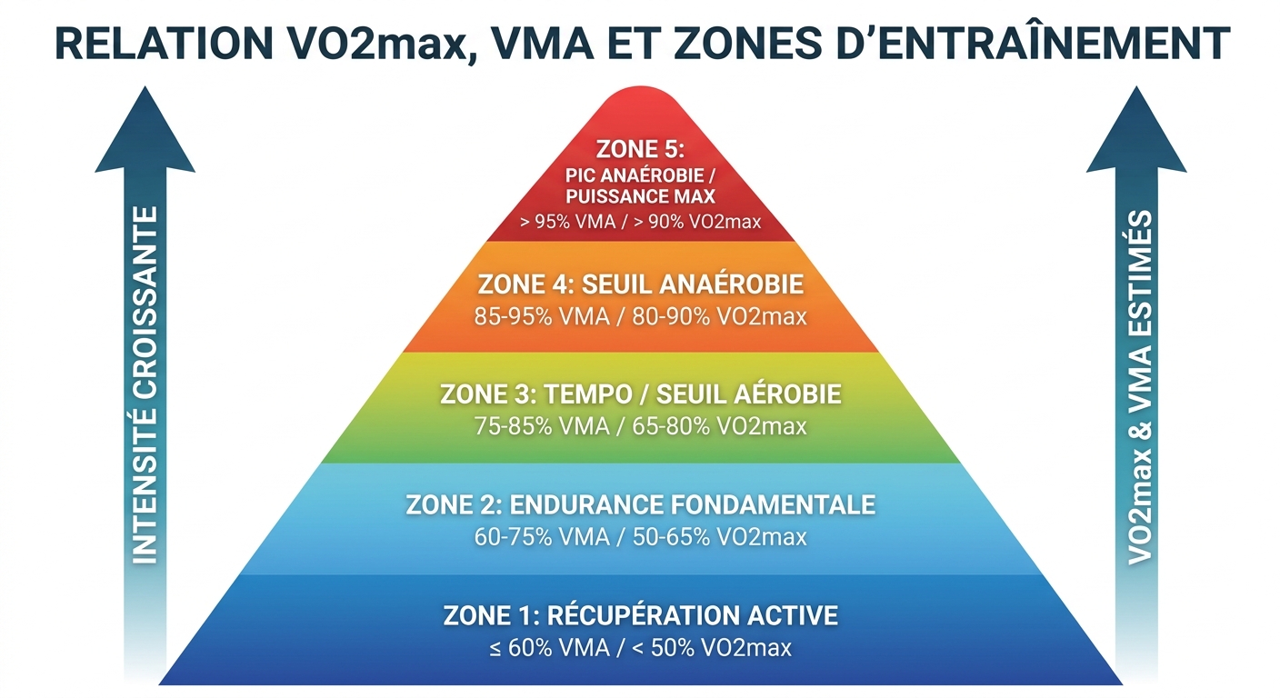 Relation entre VO2max, VMA et les cinq zones d'intensité en course à pied