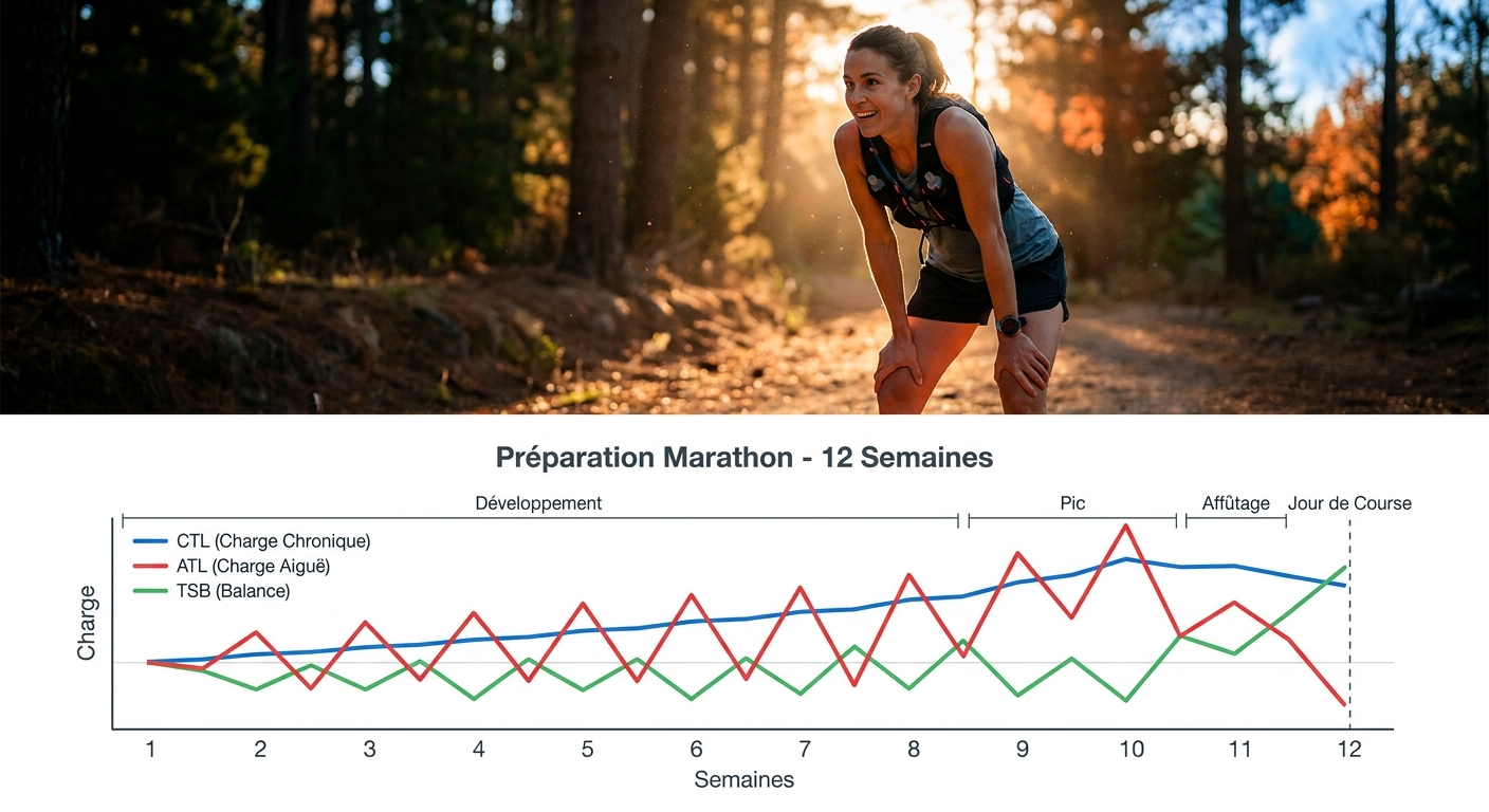 Courbes CTL, ATL et TSB sur douze semaines de préparation marathon