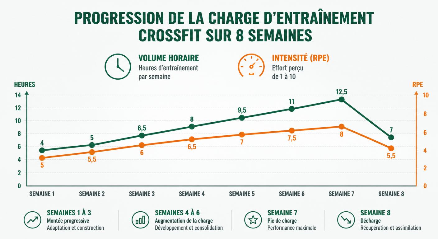 Courbe d'évolution de la charge et du volume d'entraînement sur le programme crossfit débutant de 8 semaines