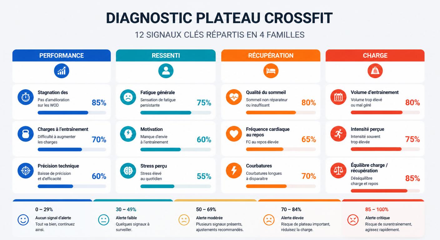 Tableau de bord visuel de diagnostic du plateau CrossFit en 12 signaux mesurables
