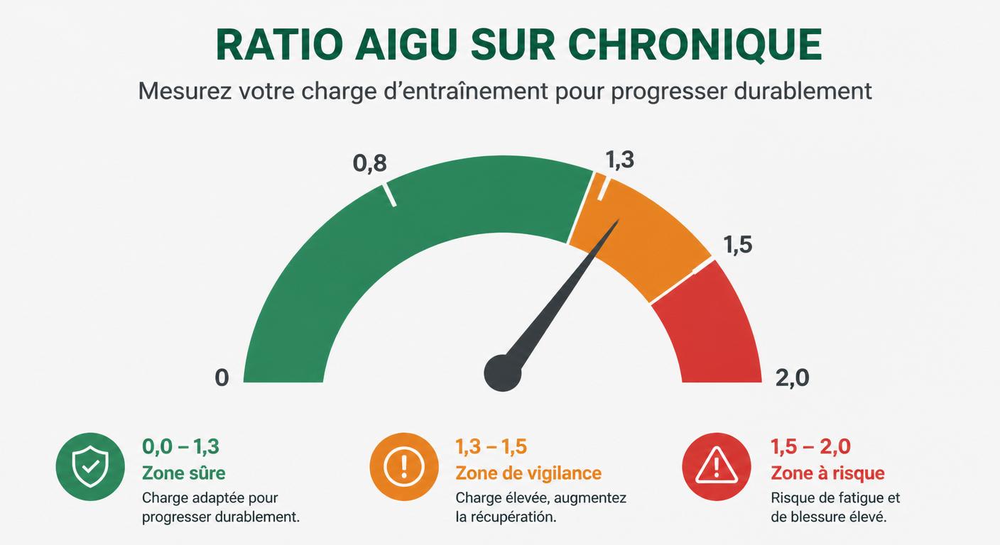 Jauge visuelle du ratio charge aiguë sur charge chronique avec zone sûre et zone de surcharge