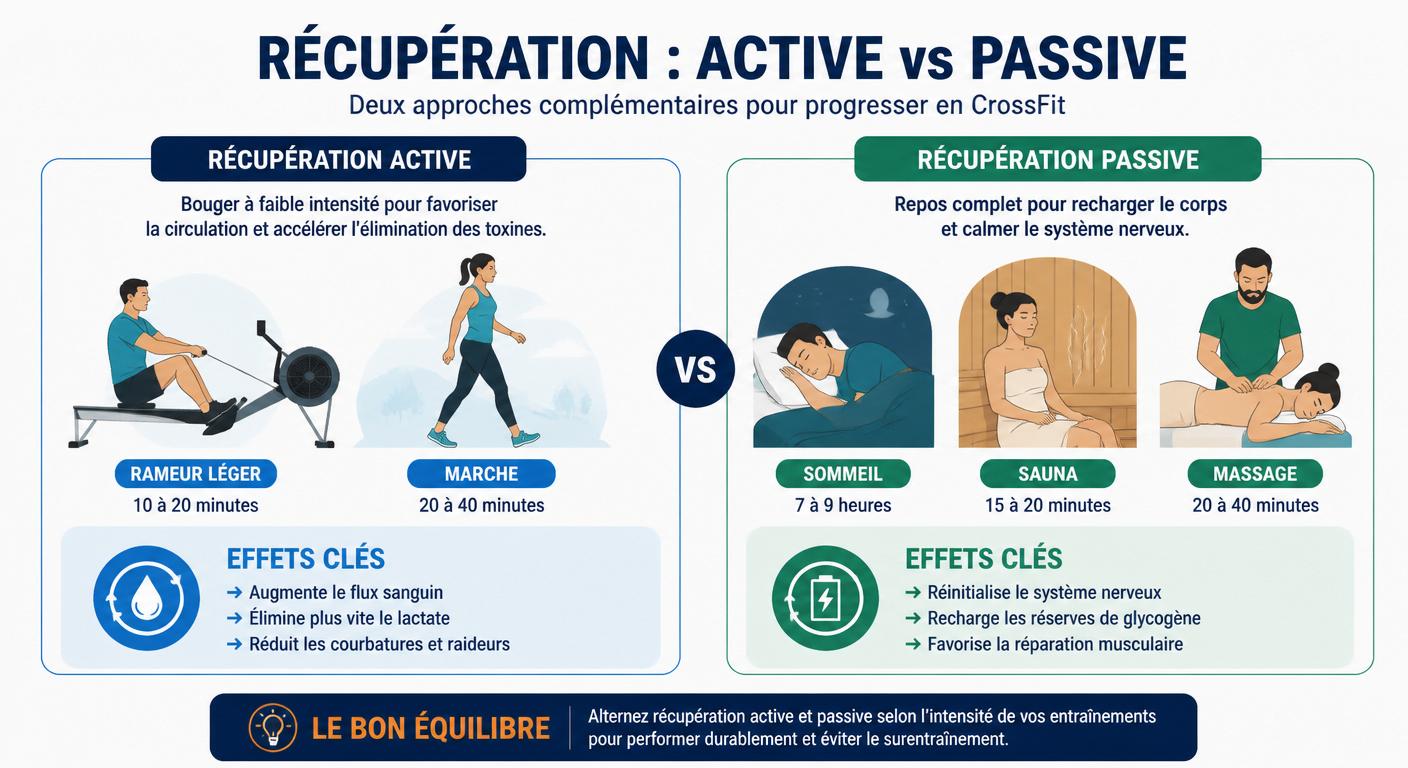 Infographie comparant les voies physiologiques de la récupération active et passive en CrossFit