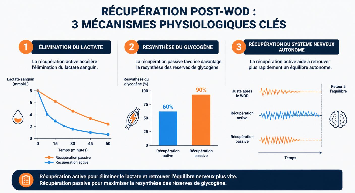 Infographie des trois mécanismes physiologiques comparant récupération active et passive