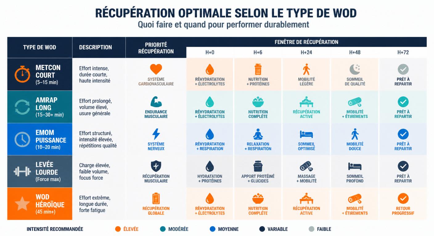 Matrice infographique des protocoles de récupération par type de WOD