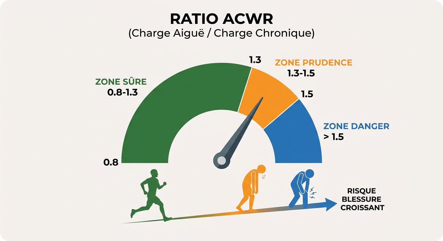 Infographie du ratio charge aiguë sur charge chronique et zones de risque blessure