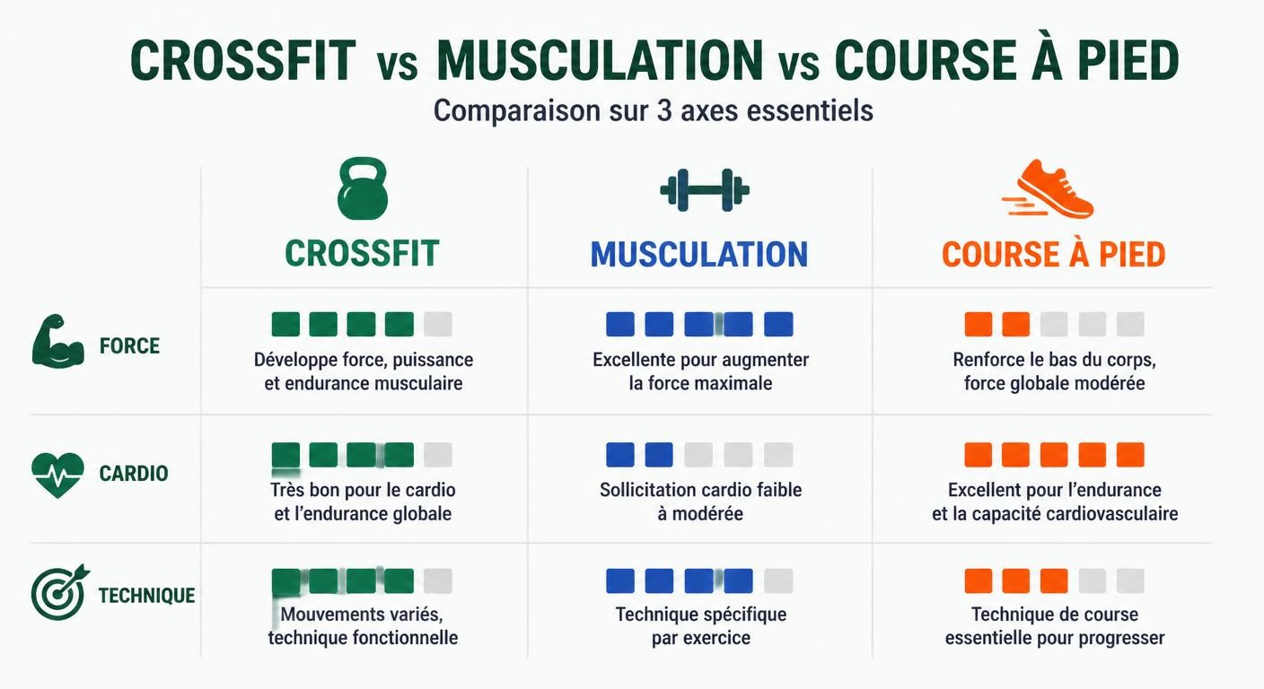 Infographie comparant CrossFit, musculation classique et course à pied sur trois axes.