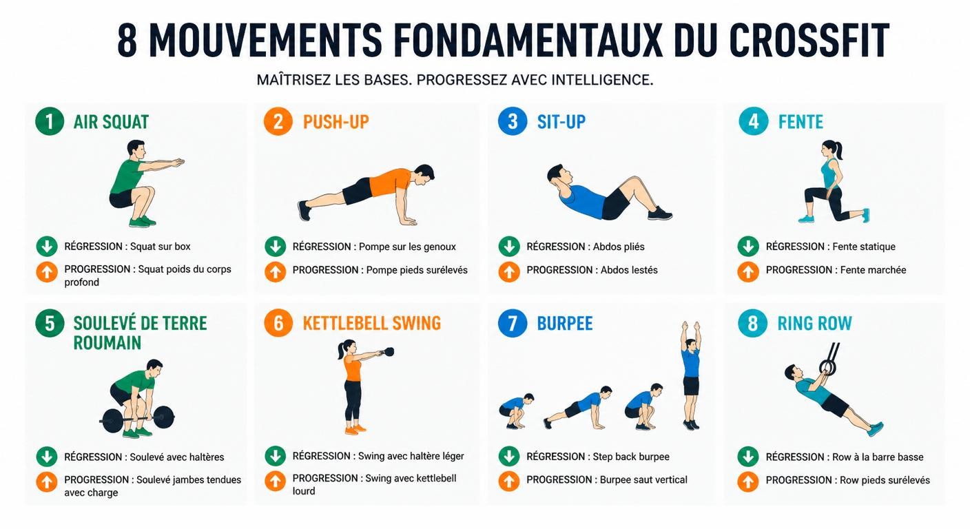 Infographie des huit mouvements fondamentaux du CrossFit avec régressions et progressions.