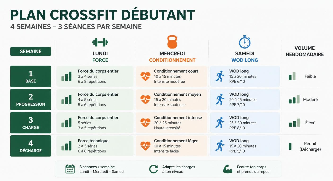 Infographie du programme CrossFit débutant 3 séances par semaine sur 4 semaines avec semaine de décharge.
