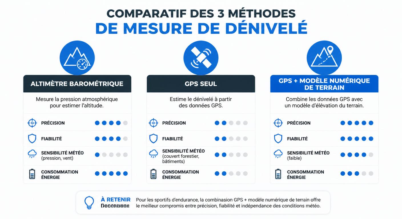 Comparaison visuelle des trois méthodes de mesure du dénivelé en sport d'endurance