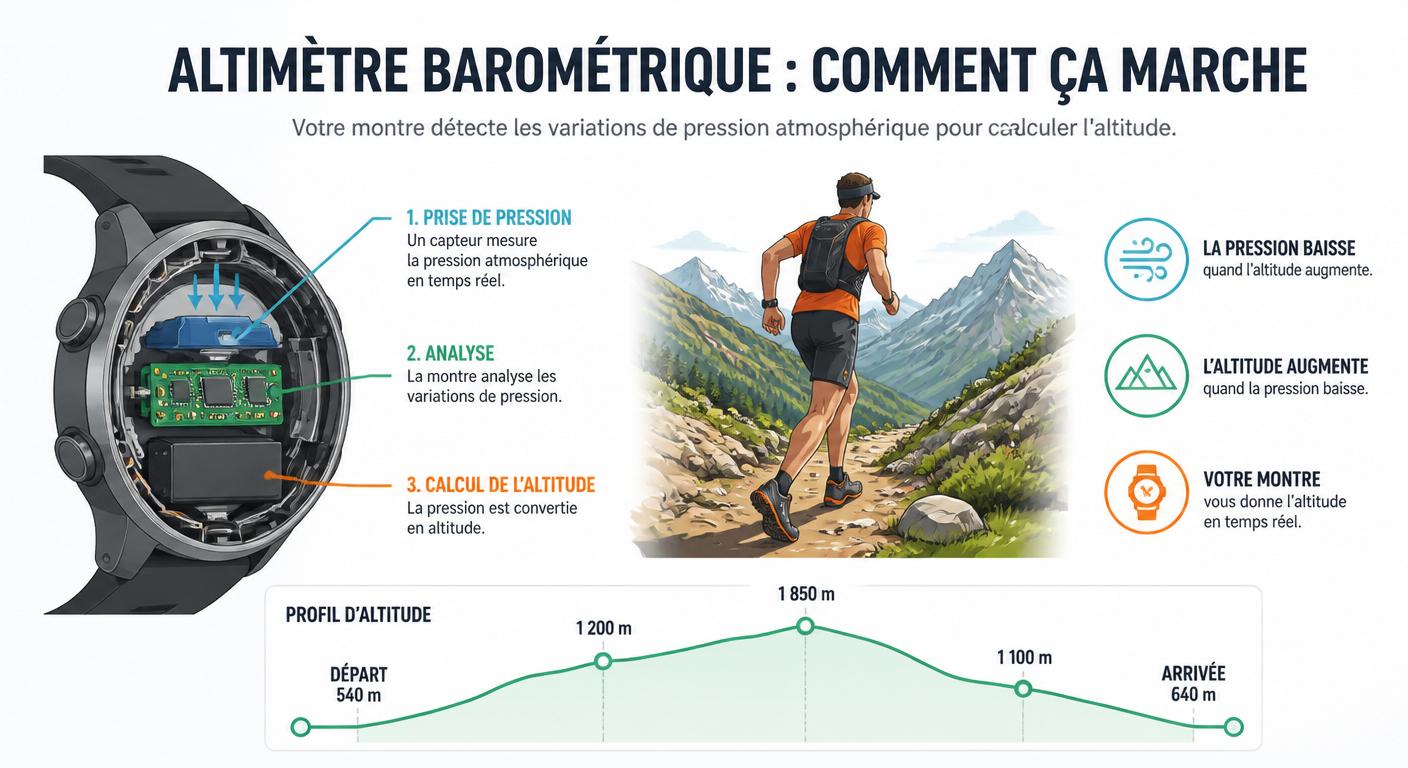 Coupe schématique d'un altimètre barométrique dans une montre de sport en situation de trail