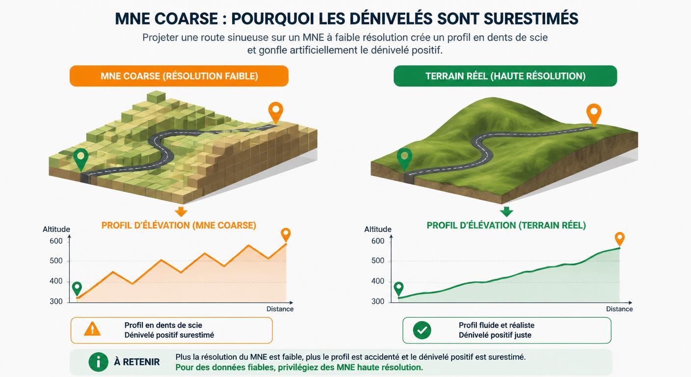 Illustration pédagogique de la projection d'un parcours sinueux sur un modèle numérique de terrain et de sa surestimation du D+