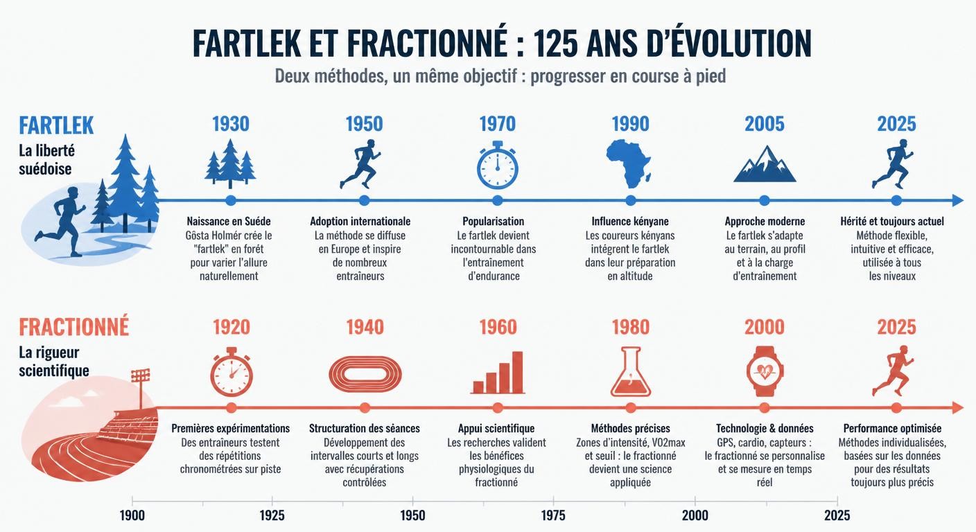 Frise chronologique comparant l'évolution historique du fartlek et du fractionné dans la course à pied