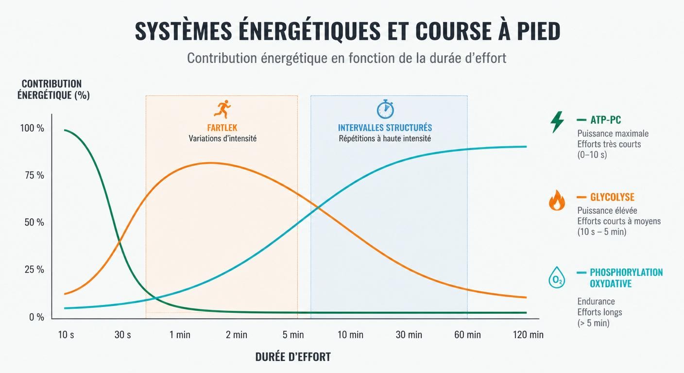 Infographie scientifique des filières énergétiques mobilisées en fartlek et en fractionné