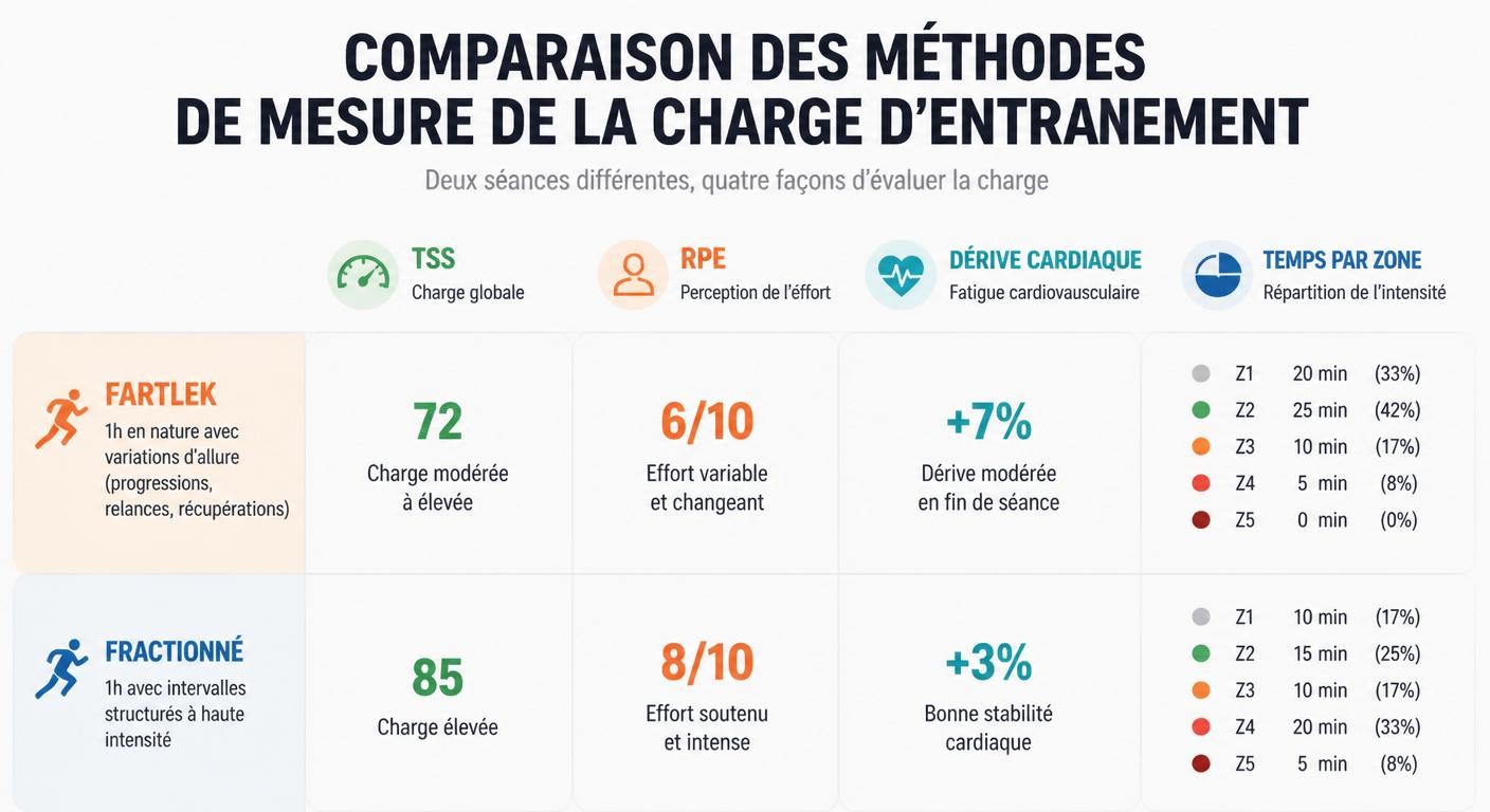 Infographie comparant les méthodes de mesure de la charge d'entraînement d'un fartlek et d'un fractionné